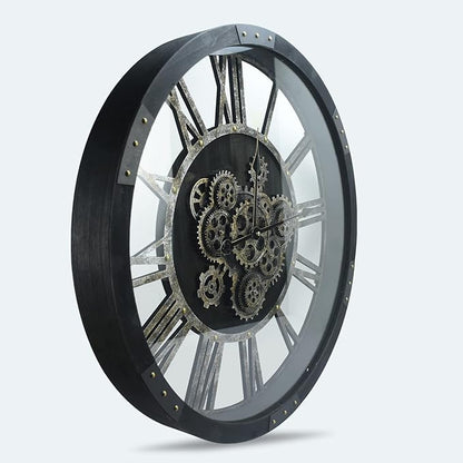 27 inch Large Real Moving Gears Wall Clock with Toughened Glass Cover, Oversized Solid Wood Retro Farmhouse Clock, Giant Decorative Rustic Wall Clock for Living Room Home Kitchen Office (Black)