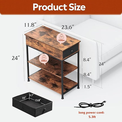 WLIVE Narrow Side Table with Charging Station, End Table for Living Room, Couch Side Table with Fabric Drawer for Bedroon, 11.8‘’W 23.6‘’L 24‘’H, Rustic Brown