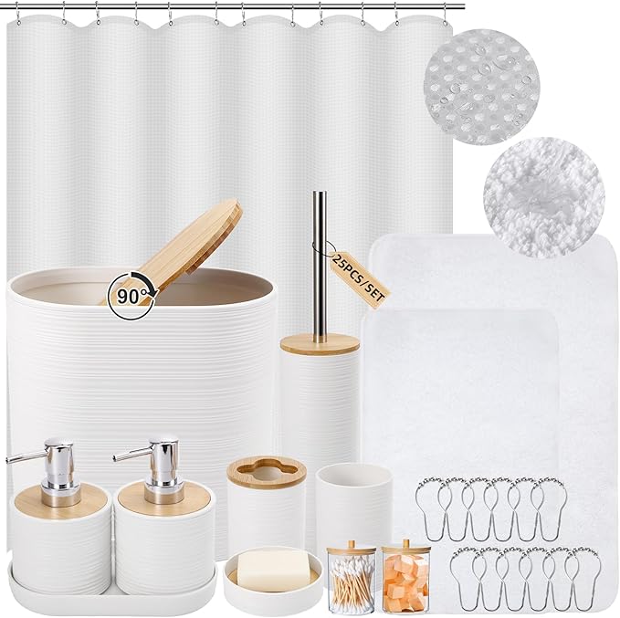 Bathroom Set - White Bathroom Accessories Set, Bathroom Sets with Shower Curtain and Rugs, 25PC Shower Curtain Set with Hooks, Soap Dispenser, Soap Dish, Toilet Brush Holder and Trash Can