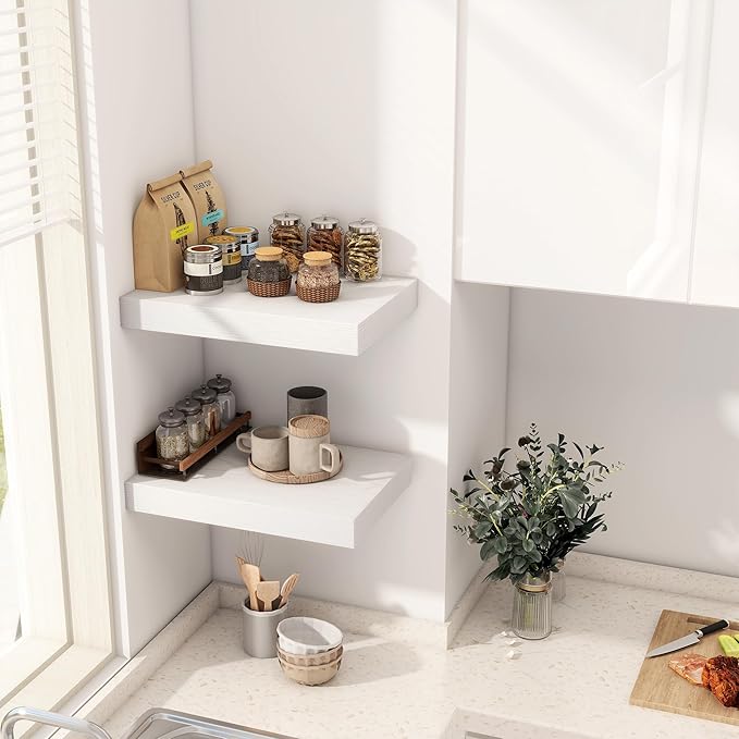 12 Inch Deep White Floating Shelves, 16 x 12 Floating Shelf for Books, Rustic Wood Deep Wall Shelves for Home Storage & Display, 2" Thicked Shelves for Kitchen, Living Room, Bedroom, 2 Pack