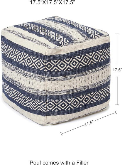 REDEARTH · Tufted Pouf Ottoman with Filler Textured Storage Cube Bean Bag Pouffe Footrest for Living Room, Bedroom, Nursery, Home Decor; 100% Cotton (17.5"X17.5"X17.5", Indigo Impressions)