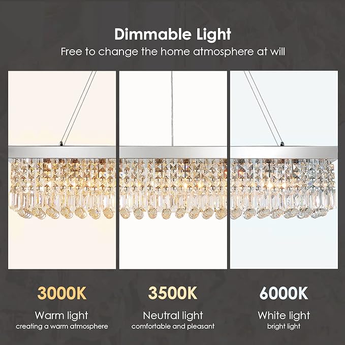 Siljoy Modern Rectangular Crystal Chandelier, 47" Rectangle Raindrop Hanging Ceiling Pendant Light Fixture Adjustable Height for Kitchen Island Dining Room, Polished Chrome Finish, L47 x W10 x H10