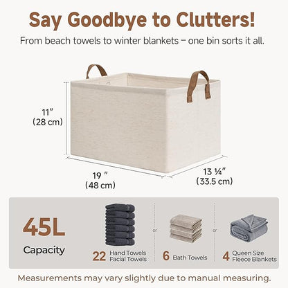 StorageWorks Storage Bins, Shelves Baskets for Organizing, 45L Extra Large Fabric Closet Organizers with Handles, Metal Frame, Beige（Cotton-linen）, 2-Pack