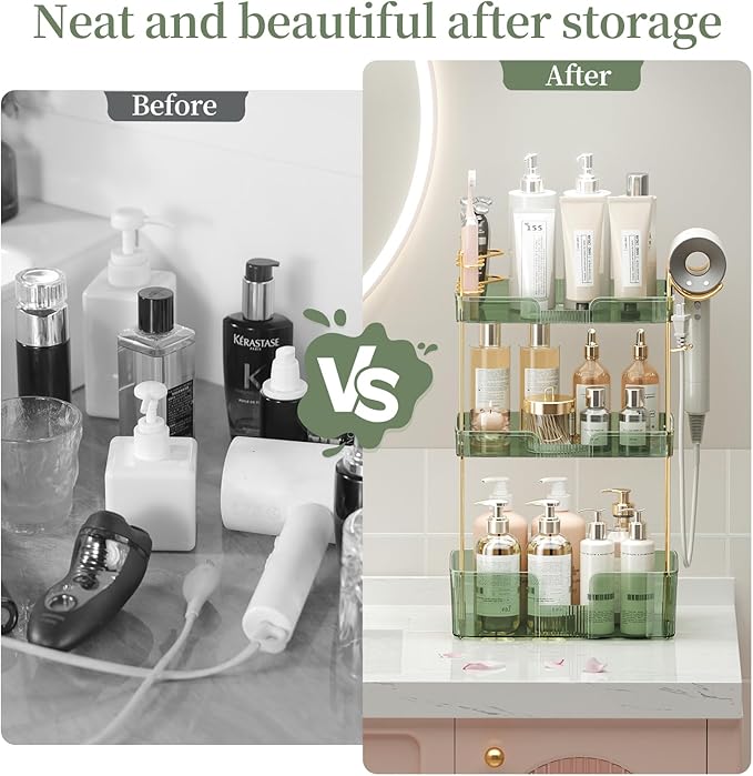 Bathroom Counter Organizer with Hair Dryer Holder, Hair Tool Countertop Storage, Cosmetics Skincare Shelf Organizer, Makeup Organizer Perfume for Dresser Vanity Tray(3 Tier-Green)