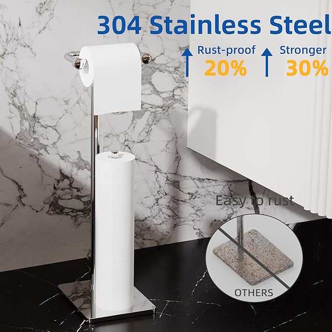 RUACQ Toilet Paper Holder Stand, Bathroom Toilet Paper roll Holder Free Standing with Storage for 4 Rolls, Post Pivoting Design, Stable Weighted Base, SUS304 Stainless Steel(Chrome)