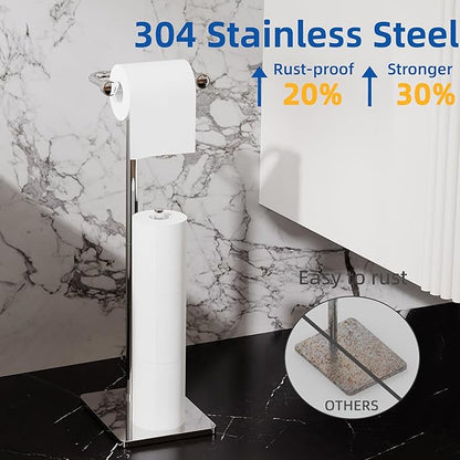 RUACQ Toilet Paper Holder Stand, Bathroom Toilet Paper roll Holder Free Standing with Storage for 4 Rolls, Post Pivoting Design, Stable Weighted Base, SUS304 Stainless Steel(Chrome)