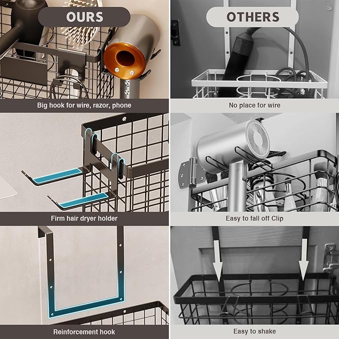 2 Pack Hair Tool Organizer,Adhesive Hair Dryer Holder Cabinet Door/Wall Mounted Adjustable Height Blow Dryer Holder Under Sink Bathroom Hair Appliance Organizer and Storage Countertop(Black)