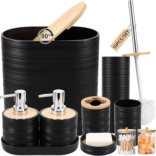 Black Bathroom Set, Black Bathroom Accessories Set with Trash Can, 2PCS Soap Dispensers, Soap Dish, Toothbrush Holder, Toothbrush Cup,Toilet Brush, Tray and Qtip Holders for Bathroom Decor