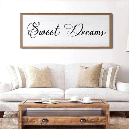Sweet Dreams Wall Decor Above Bed 32x12 Inch Large Master Bedroom Hanging Wood Rustic Framed Farmhouse Sweet Dreams Sign Guest Room Aesthetic And Minimalist Over Bed Wall Art（Wood White）
