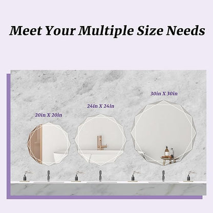 Bathroom Mirror for Wall, 24" x 24" Circle Bathroom Vanity Mirror, Beveled Edge Frameless Wall Mount Vanity Mirror, Decorative Round Irregular Beveled Edge