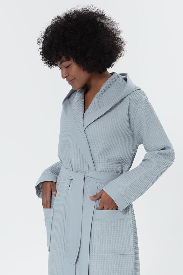Women’s Luxury Waffle Shawl Collar, Hooded Robe w Piping – Lightweight, Long, Ultra Soft Spa Sleepwear Bathrobe