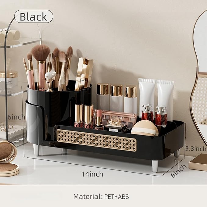 Rotating Makeup Organizer Countertop,Large Capacity Makeup Organizers for Vanity,2 in 1 makeup storage organizer for Bathrooms,Cosmetic Display Case (Black)