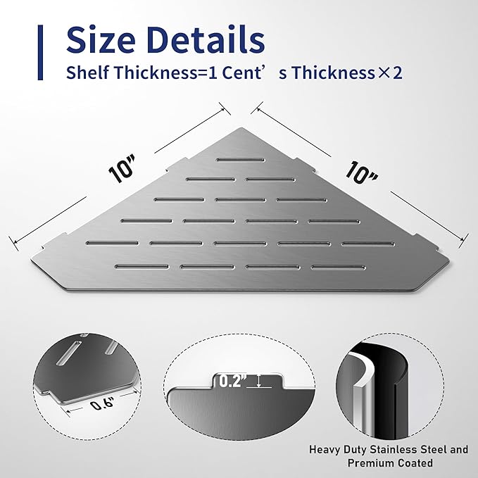 Corner Shower Shelf 10" Gunmetal 304 Stainless Steel Pentagonal Corner Shelf Recessed Bathroom Shower Shelf, No Drilling