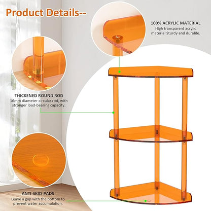 3 Tier Countertop Corner Organizer Shelf 7x7x15.7 Inch, Orange Countertop Acrylic Bathroom Corner Shelf, Vanity Storage Organizer for Cosmetics, Toiletries