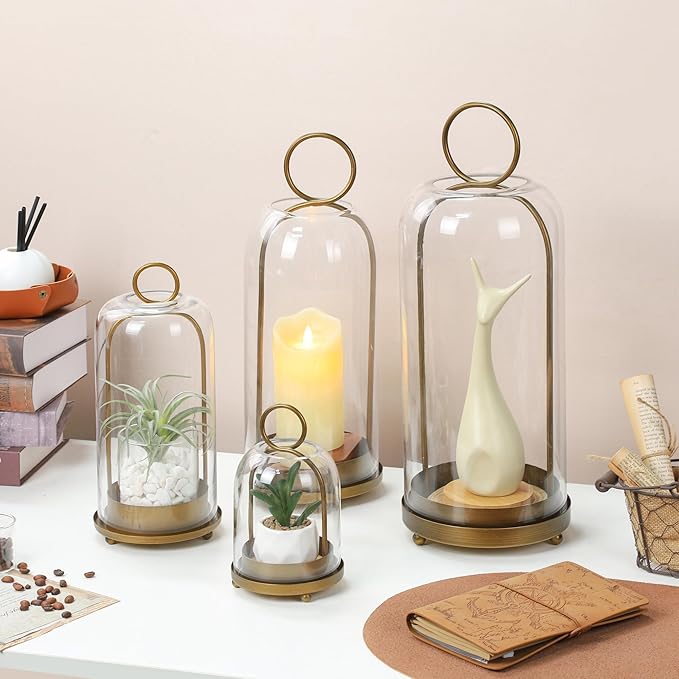 20" High Versatile Modern Metal Hurricane Lantern with Handmade Sturdy Glass Dome for Pillar Candle & Plants (Brass, 7.5"x20")