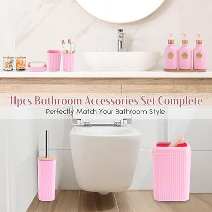 Pink Bathroom Accessories Set 17PCS Bathroom Set with Trash Can 3PCS Lotion Soap Dispenser, Toothbrush Holder, Soap Dish,Tumbler Cup,6PCS Wood Tags Bath Accessories with Tray for Kitchen Bathroom