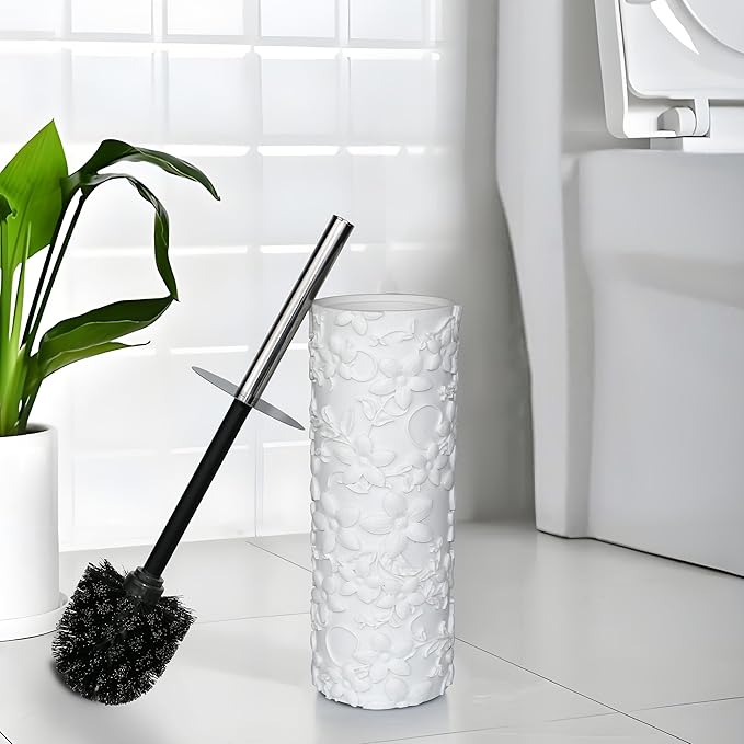 White Floral Design Resin Toilet Bowl Holder and Brush Set, Stylish Bathroom Cleaning Tool with Durable Bristles, Compact and Functional