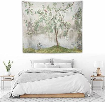 HZOHNAGO Japanese Tapestry Tree Misty Garden Lake Printed Wall Tapestry Ink Painting Wall Hanging for Bedroom Living Room Dorm 60" W x 50" H