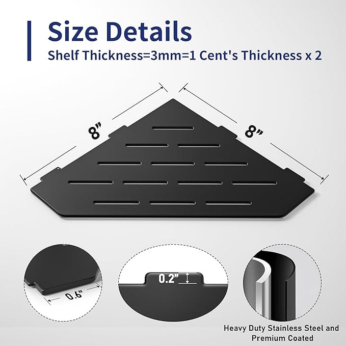 Corner Shower Shelf, 304 Stainless Steel Pentagonal Heavy Duty Floating Corner Sheves Slot Design Recessed Bathroom Shelf for Tiled Wall 2 Pack(Matte Black, 8"-2 Pack)
