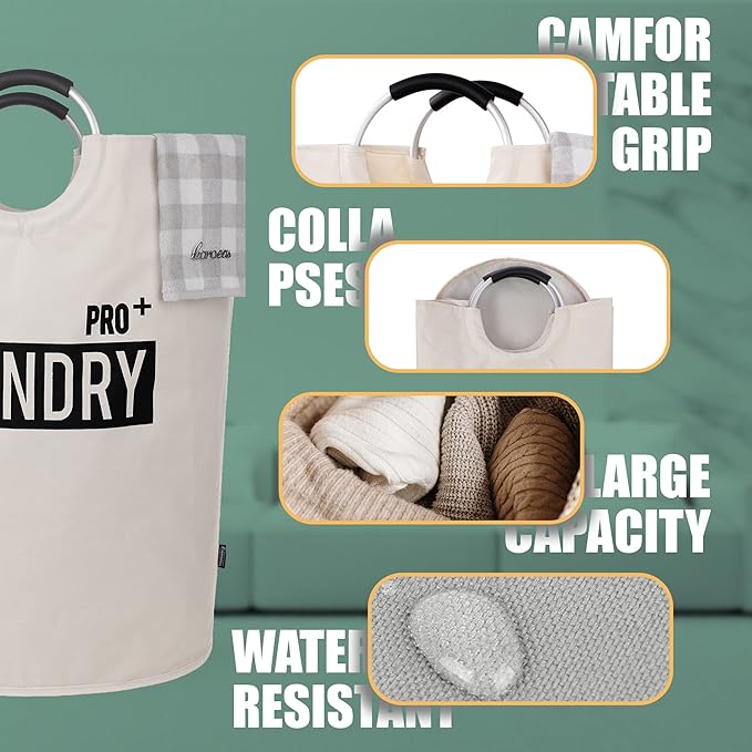 Caroeas Super Large 150L Laundry Basket Pro, Waterproof Laundry Hamper, Collapsible Laundry Basket Easy Storage, Clothes Hamper Stands Up Well, Laundry Bag with Padded Handles (Beige)