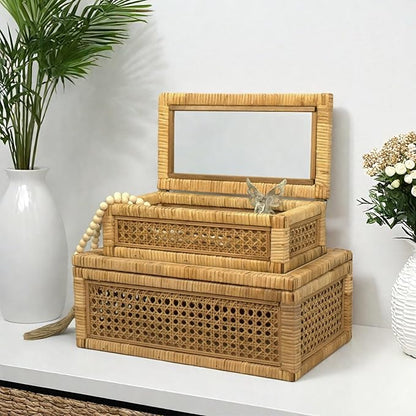 Rattan Box for Home Decor with Lid - Rectangular Coastal Bohemian Style Stackable Decorative Storage Box Set - Handmade from Natural Rattan, Cedar & Real Glass