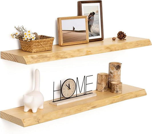RICHFOCUS Live Edge Wood Floating Shelves for Wall 36" Natural Solid Wood Wall Mounted Shelf|8 Inch Deep Wooden Floating Shelves with Invisible Bracket for Bathroom Kitchen Room|2Pcs, Natural