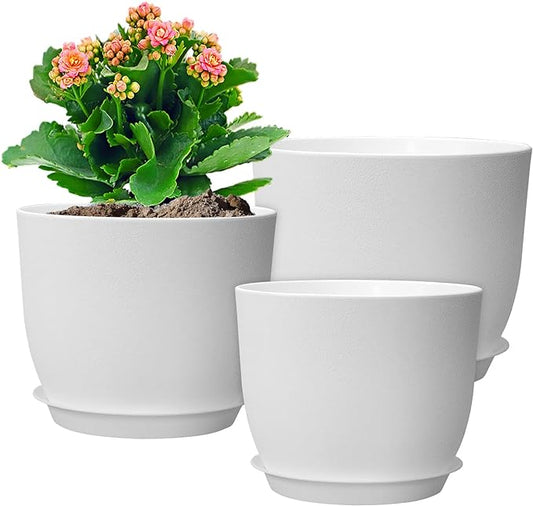 10/9/8 inch Medium Flower Pots, 3 Pack Modern Decorative Plastic Planters with Drainage Holes and Tray, Plant Pots for Indoor Outdoor Plants, White