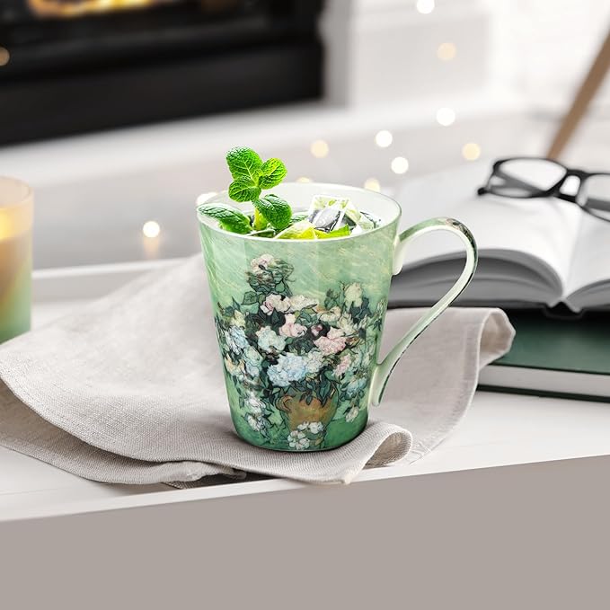 Coffee Mug Sets of 4, 12oz Bone China Porcelain Cups with Art Print Large Handle Dishwasher Microwave safe for Tea Cocoa or Hot Chocolate