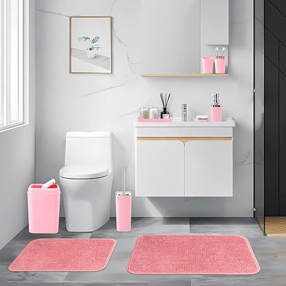 Bathroom Accessory Set–Bathroom Sets with Shower Curtain and Rugs, Non Slip Bathroom Rugs Super Absorbent, Pink Ombre Waterproof Shower Curtain with Hooks, Pink Bathroom Sets Complete for Home