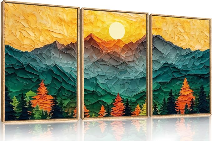 Abstract Mountain Framed Canvas Wall Art Set, Forest Pine Tree Golden Sunset Wall Decor, Mixed Patchwork Landscape Art Print for Living Room, Bedroom, Dining Room, Office - 16"x24"x3