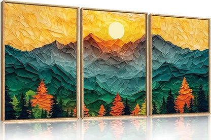 Abstract Mountain Framed Canvas Wall Art Set, Forest Pine Tree Golden Sunset Wall Decor, Mixed Patchwork Landscape Art Print for Living Room, Bedroom, Dining Room, Office - 16"x24"x3