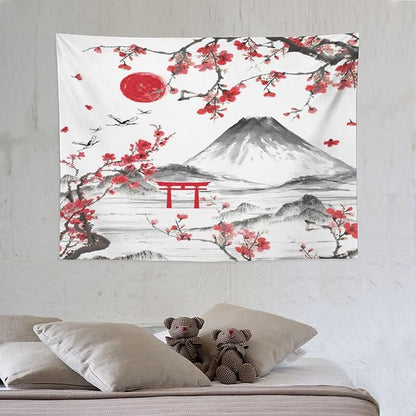 Red Cherry Blossoms Tapestry, Japanese Fuji Mountain Tapestry, Asian Japanese Wall Tapestry, Nature Landscape Tapestries for Bedroom Living Room Decor 40"x30"