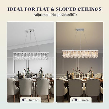 Rectangle K9 Crystal Chandelier,10 Lights Modern Rectangular Hanging Ceiling Pendant Light Fixture for Dining Room Kitchen Island,Polished Chrome Finish L47''xW10''xH10''