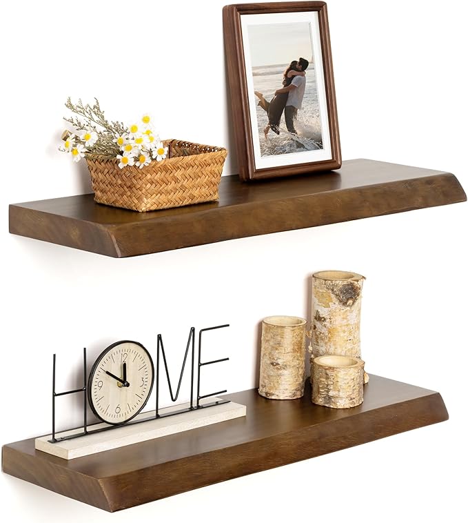 RICHFOCUS Live Edge Wood Floating Shelves for Wall 24" Natural Solid Wood Wall Mounted Shelf|8 Inch Deep Wooden Floating Shelves with Invisible Bracket for Bathroom Kitchen Room|2Pcs, Walnut