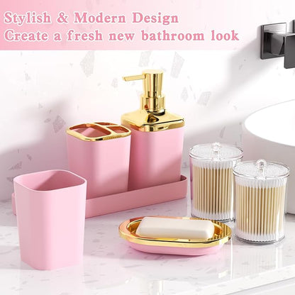 Pink Bathroom Accessories Set, Pink and Gold Bathroom Accessories with Trash Can, Soap Dispenser, Soap Dish, Toothbrush Holder and Q-tip Holders