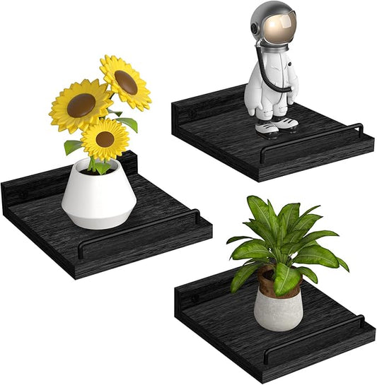 Small Floating Shelf, 6 X 6 Inches Farmhouse Wall Shelves for Living Room, Bedroom, Picture Frames, Plants, Kitchen, Set of 3 (Black)