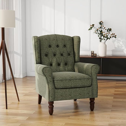 UIXE High Back Accent Chairs Set of 2, Upholstered Armchair in Fabric for Living Room, Retro Wingback Arm Chair Comfy Single Sofa Bedroom Reading Seat with Solid Wood Legs - Green