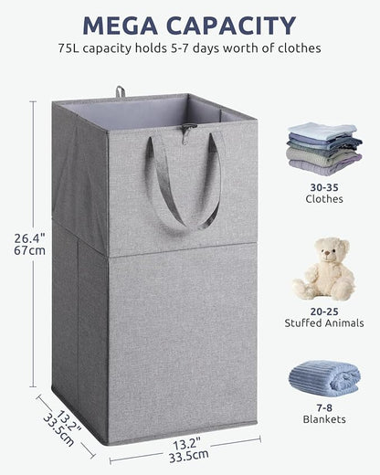 SOLEDI Freestanding Strong Transformable Laundry Hamper, Dual-Function Design, Large Collapsible Laundry Basket with Extended Handles, Easy to Carry, Clothes hamper for laundry（75L,Grey）
