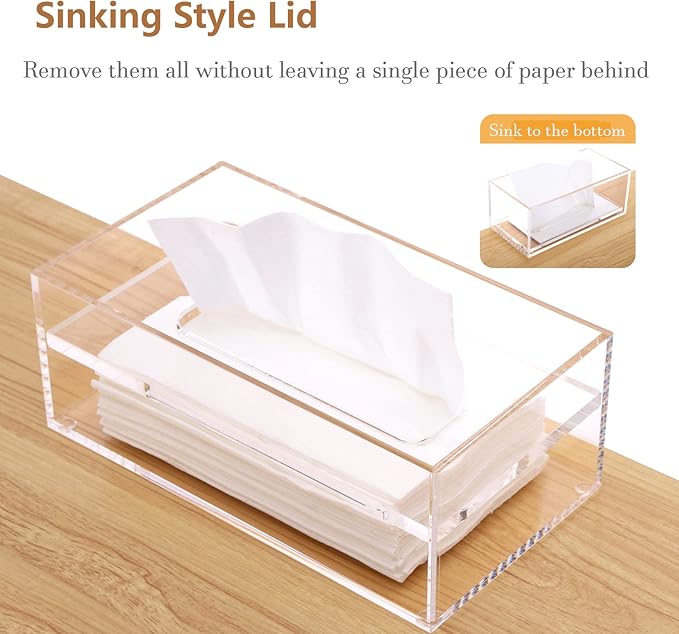 SANRUI Clear Acrylic Facial Tissue Box Cover Holder with 8mm Top Lid Rectangle Napkin Dispenser Organizer for Bathroom, Kitchen and Office Desk