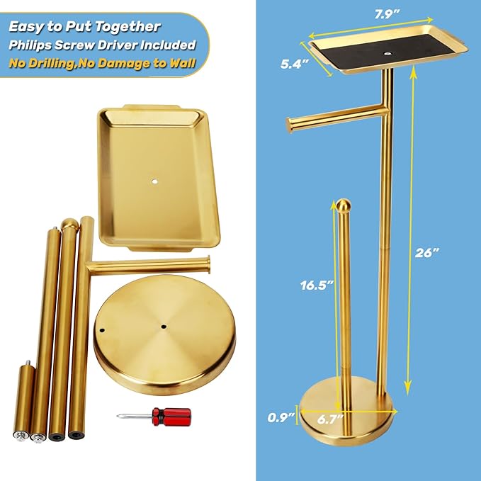 Toilet Paper Holder Stand for Bathroom Floor Freestanding Toilet Roll Dispenser Storages 4 Reserve Rolls, with Top Storage Shelf for Cell Phone (Brushed Gold)
