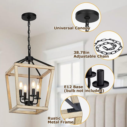 4 Light Chandelier Fixture, Farmhouse Light Fixtures Geometric Metal Cage Modern Ceiling Light with Adjustable Height, E12 Base Hanging Lights for Kitchen Island, Dining Room, Living Room, Indoor