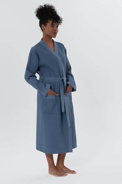 Women’s Luxury Waffle Shawl Collar, Hooded Robe w Piping – Lightweight, Long, Ultra Soft Spa Sleepwear Bathrobe