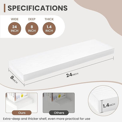 24 Inch Floating Shelves, 8 Inch Deep Floating Shelves for Wall, Hanging Shelf with Invisible Brackets, Deep Shelves for Bathroom, Bedroom, Living Room, White, Set of 2