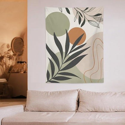 Abstract Bohemian Mid Century Tapestry, Tropical Leaves Modern Geometric Archway Minimalist Bohemian Botanical Aesthetic Wall Hanging, Sage Green Gold Home Decor Art for Bedroom 40x60 Inch