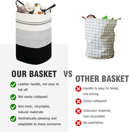 danpinera 75L Woven Laundry Hamper with Long Leather Handles, Baby Laundry Basket for Nursery, Tall Hampers for Bedroom Aesthetic, Decorative Clothes Storage Basket for Family White & Black
