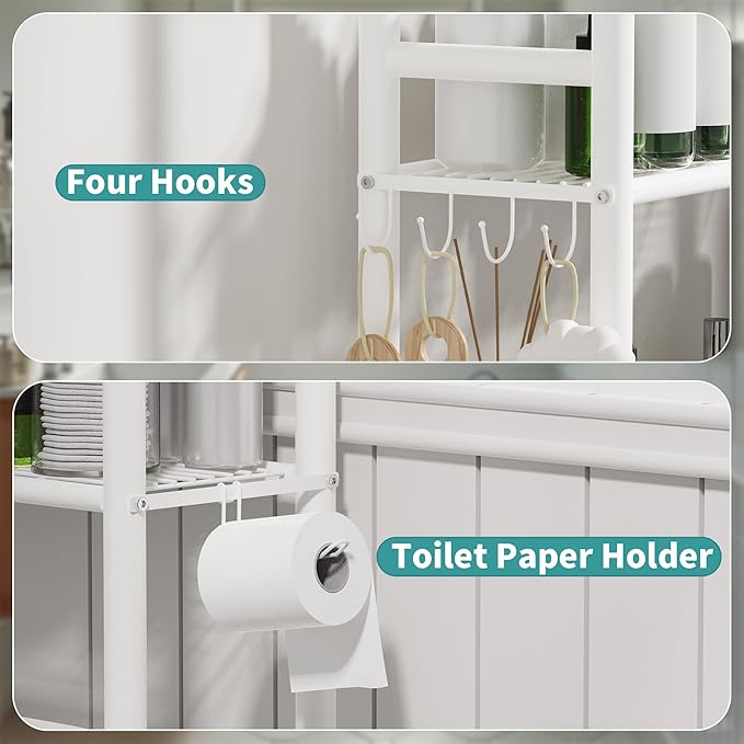3-Tier Over The Toilet Storage with Paper Holder, Metal Bathroom Organizers and Storage for Small Space, Freestanding Bathroom Shelves with 4 Hooks, Above The Toilet Storage Shelf, White