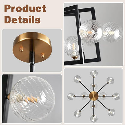 12 Light Black Farmhouse Chandelier Geometric Metal Dining Room Light Fixture Height Adjustable Black Chandeliers for Dining Room Clear Glass Farmhouse Industrial Pendant Lights for Bedroom, Entryway