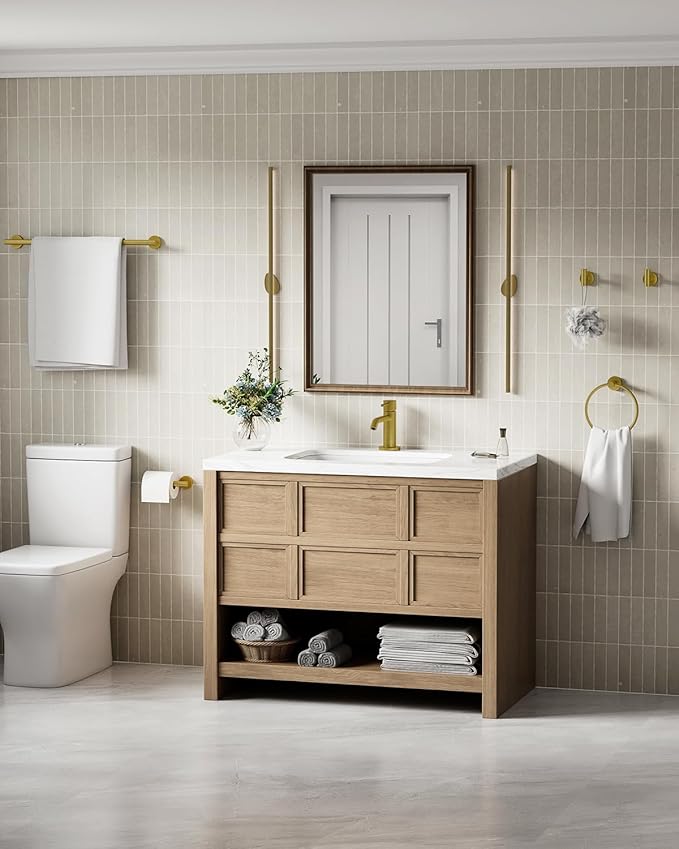 Brushed Gold Bathroom Accessories Set, SUS304 Stainless Steel 5 Pieces Bathroom Hardware Set, 26 Inch Bath Towel Bar Set, 2 Towel Hooks, Toilet Paper Holder, Towel Racks for Bathroom Wall Mounted