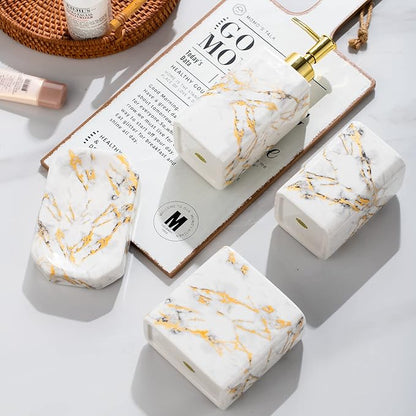 4 Piece Bathroom Accessories Set - White Bathroom Accessory Sets Includes Lotion Dispenser, Toothbrush Holder Tumbler, and Soap Dish - Glossy Finish (Marble, White)