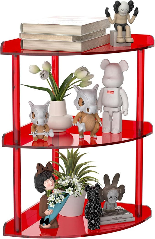 3 Tier Acrylic Corner Shelf Organizer Storage 9.5x9.5x15.7 Inch, Red Countertop Corner Shelf for Bathroom, Kitchen, Bedroom, Office, Study Room